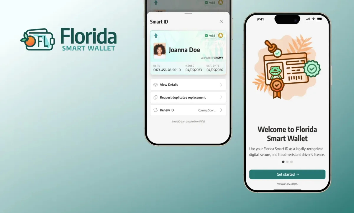 The Florida Smart Wallet logo appears in the upper left on a teal gradient background. There’s a phone showing a mobile license and another phone to the right showing a welcome illustration and a few sentences introducing the Florida Smart Wallet.