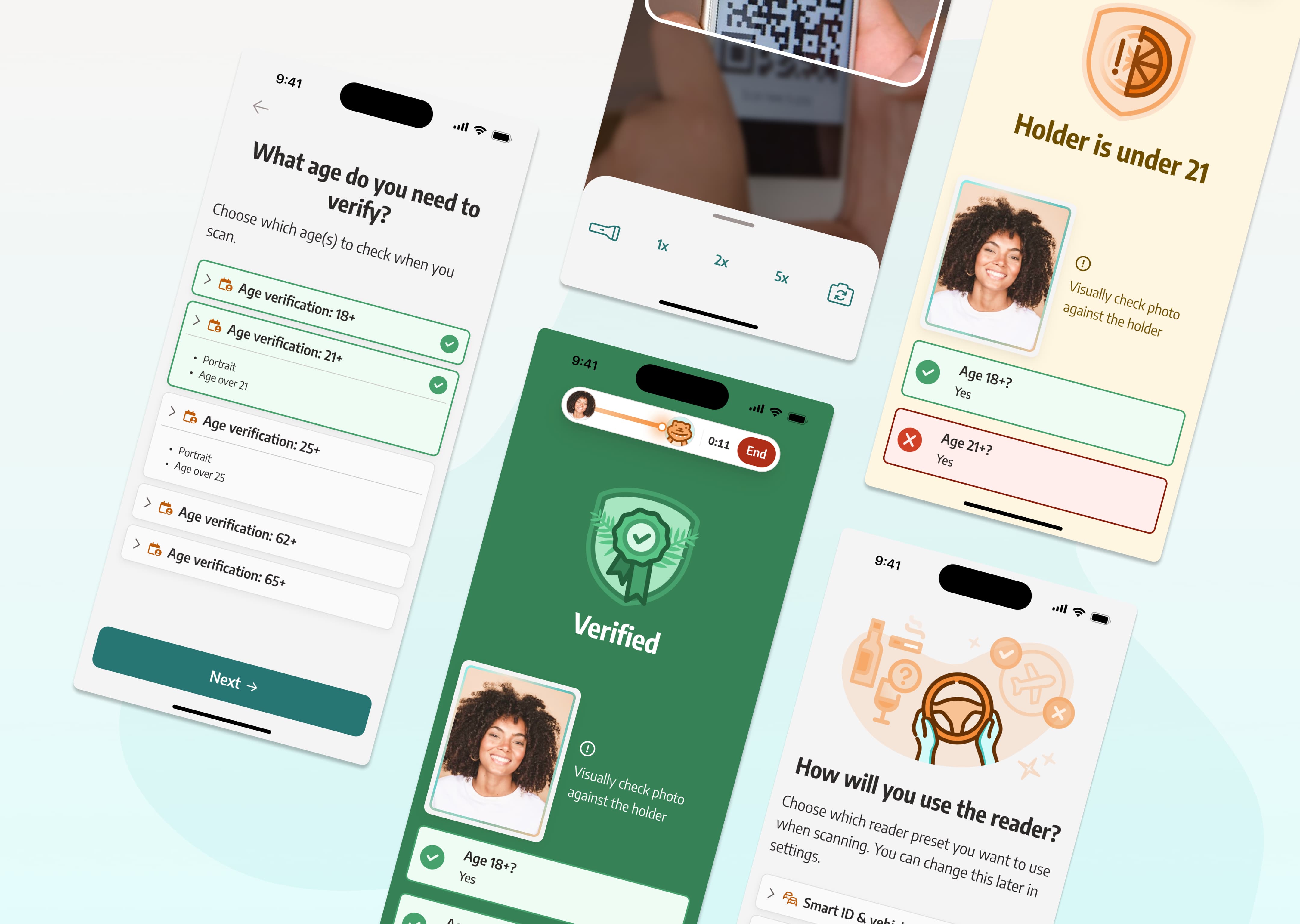 Array of Florida Smart Wallet reader screens on top of a teal background including age verification, credentials selection, and reader instructions.