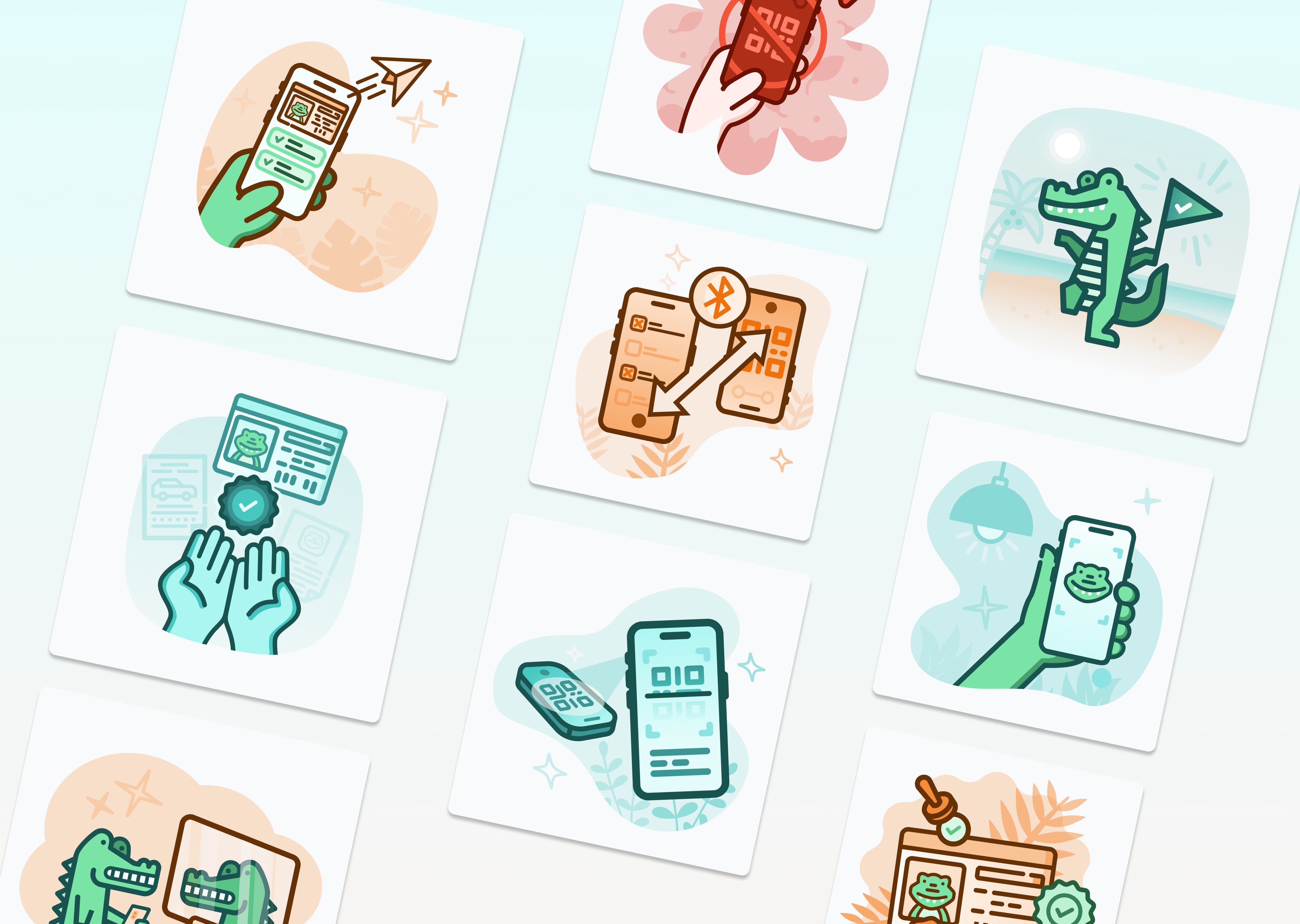 Array of custom illustrations for the Florida Smart Wallet app that brighten up the app and guide users through complex concepts.