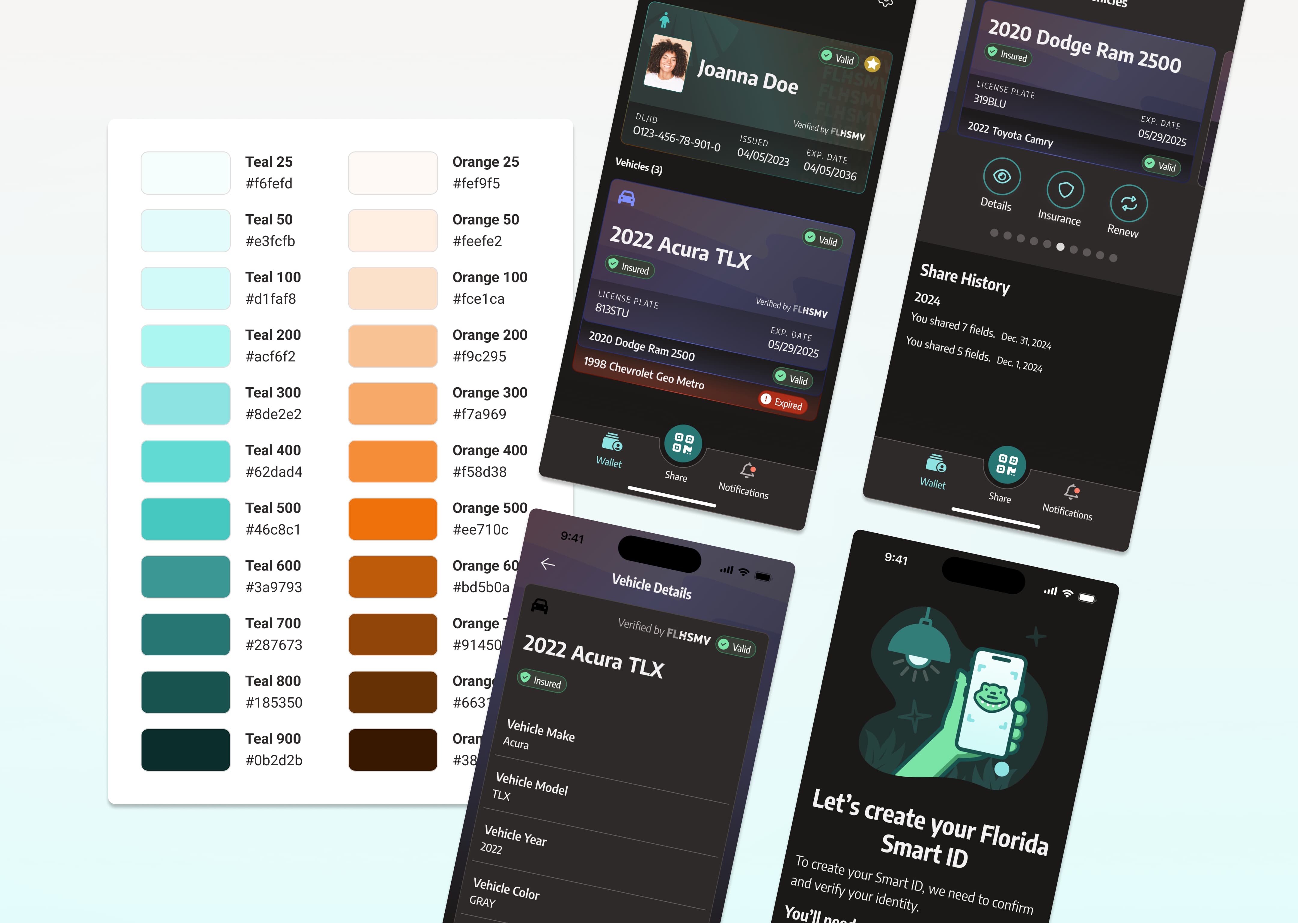 A grid of Florida Smart Wallet screens in dark mode are overlaid on top of teal and orange palettes used for the app.