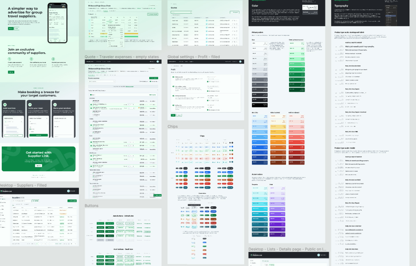 Multiple screen shots displaying UI and design system documentation for GroupCollect Quotes and Supplier Link