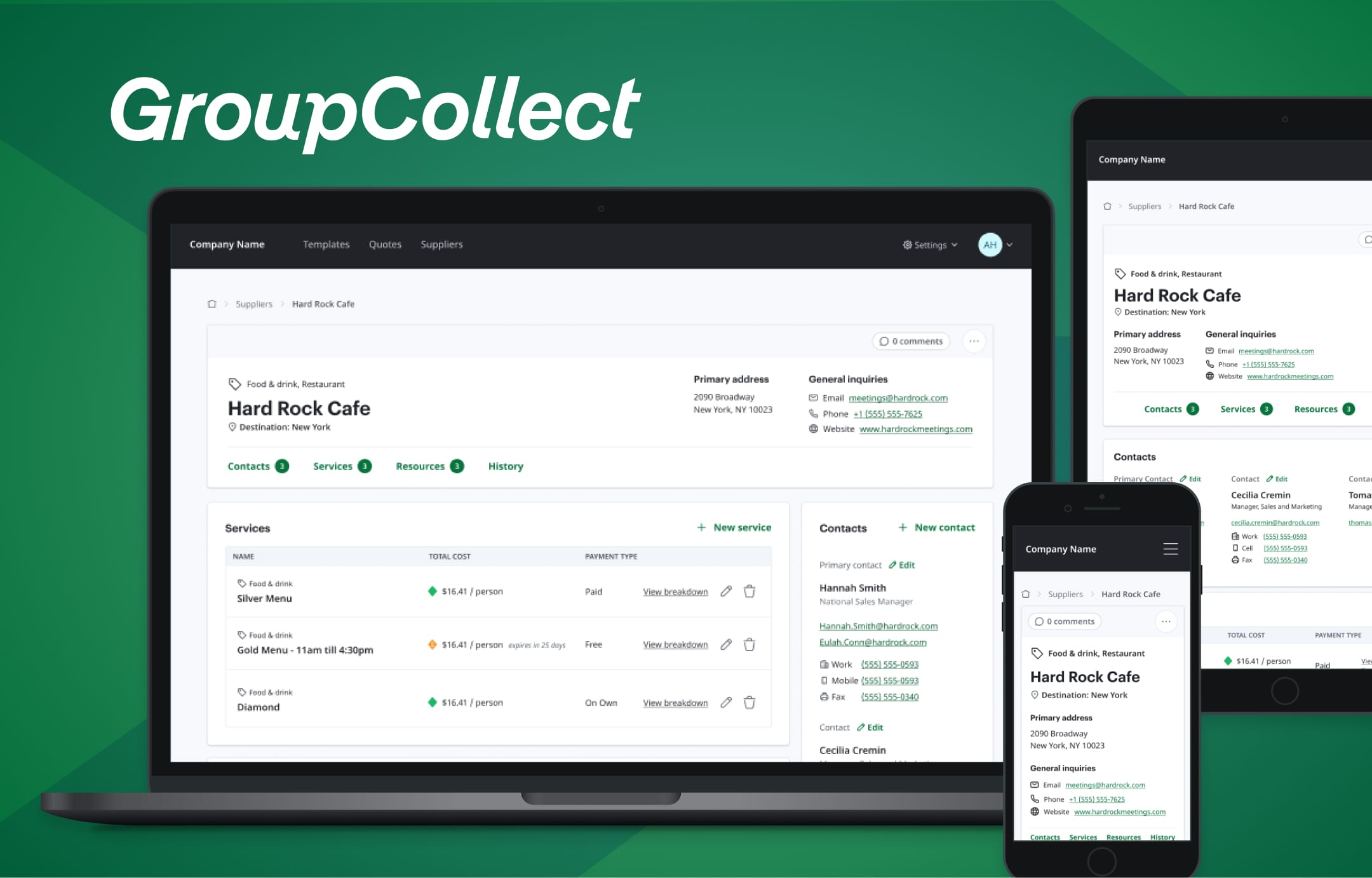 A laptop, tablet, and phone screen showing GroupCollect Quotes' supplier page