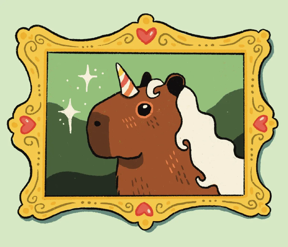 Capycorn A drawing of capybara with a unicorn horn and blonde hair in a gold frame.
