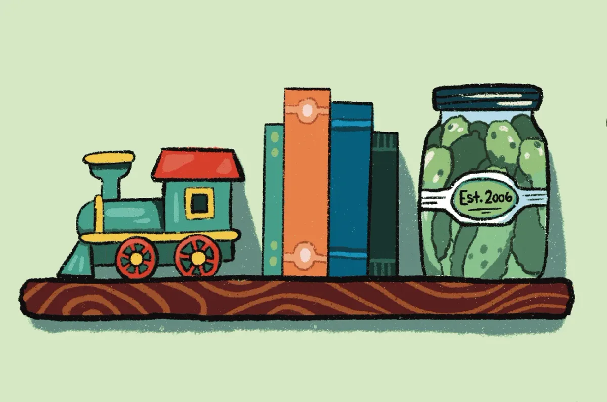 The top shelf A drawing of a toy train, a stack of books and a jar of pickles on a shelf.