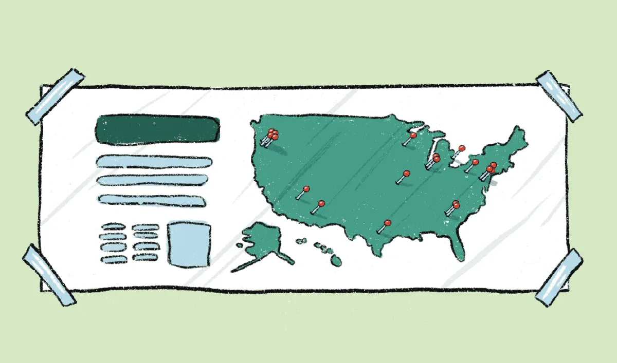 RailsConf Map A drawn map of the United States with red pins scattered throughout the map
