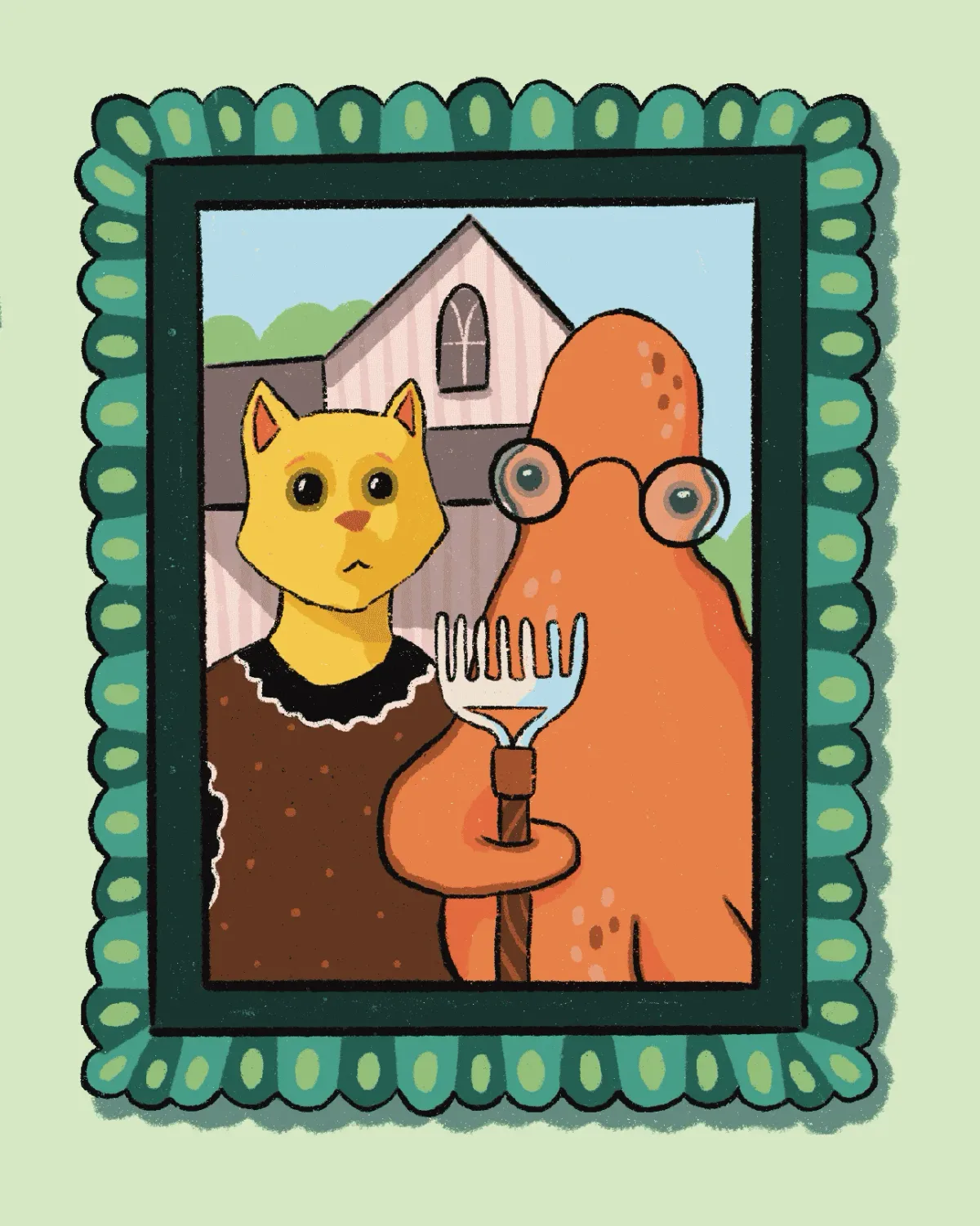 GitHub Gothic A drawing of a yellow cat in a brown dress and and a orange octopus holding a rake in a green frame.