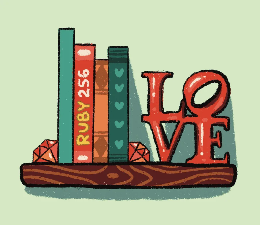 The lower shelf A drawing of two rubies, a miniture of the LOVE statue from Philadelphia, and a stack of books, one of the books being titled "Ruby 256"