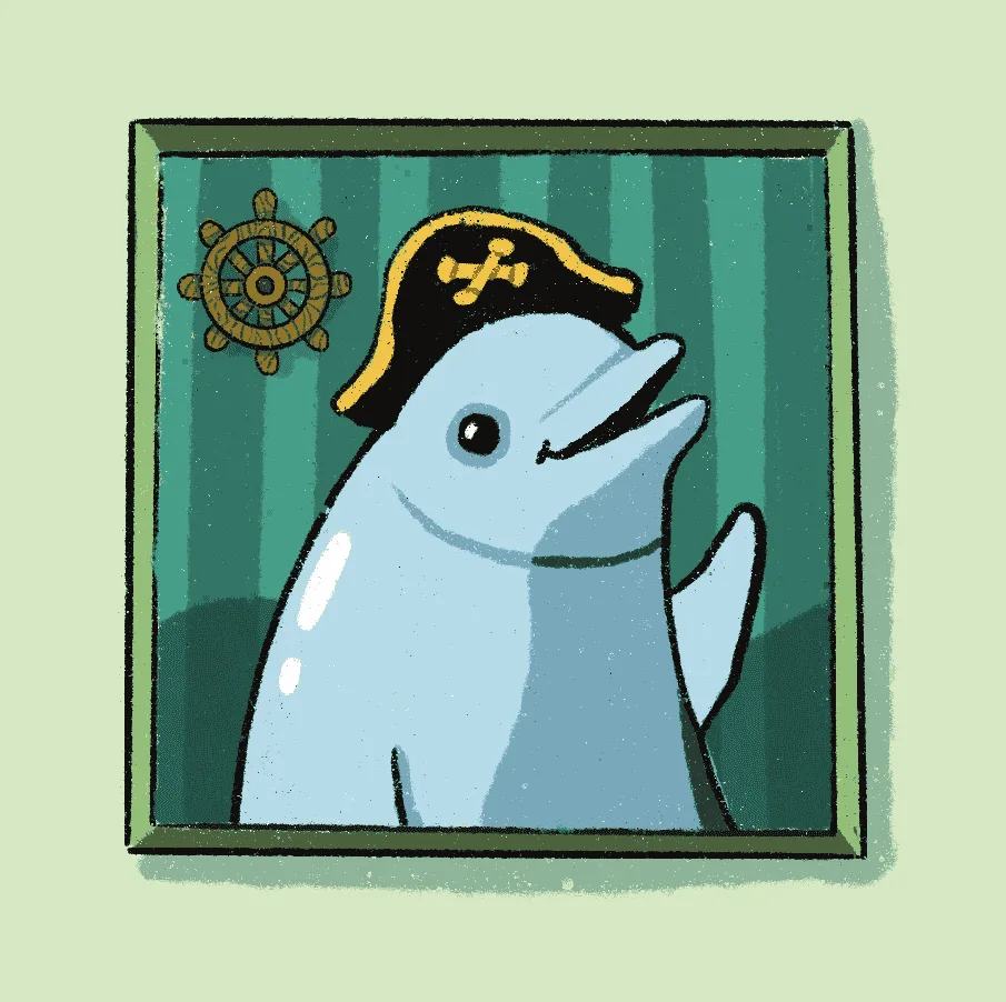 Flipper says \\\"Ahoy!\\\" A drawing of a dolphin waving with a pirate hat on its head with a ship's helm hanging behind the dolphin on a green striped background, framed in a green frame.