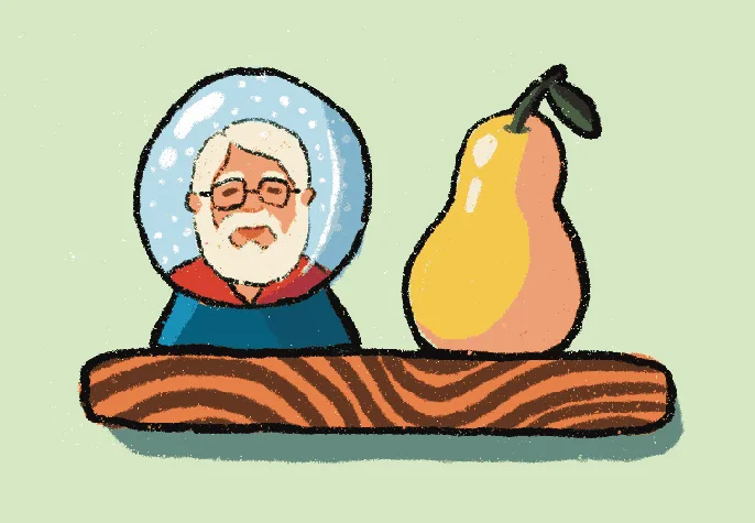 The middle shelf A drawing of a man with a white beard and glasses in a snpw globe next to a yellow pear, witting on a shelf