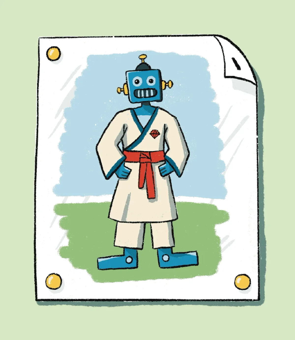 Karate Bot A drawing of a robot in a karate gi on a piece of paper, tacked to the wall.