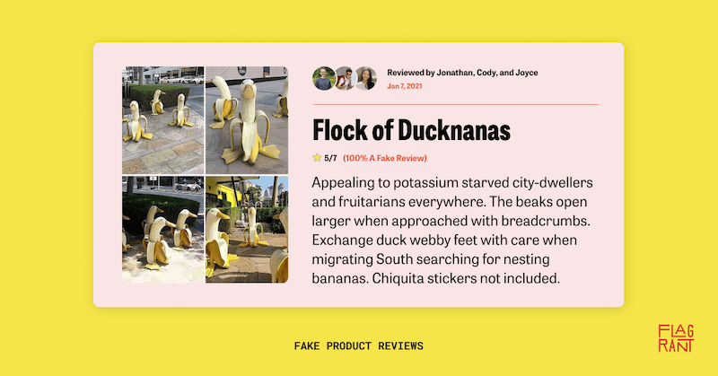 fake product review created one word at a time by jonathan, cody, and joyce about a flock statues that is a combination of a duck face with a banana body and duck feet.