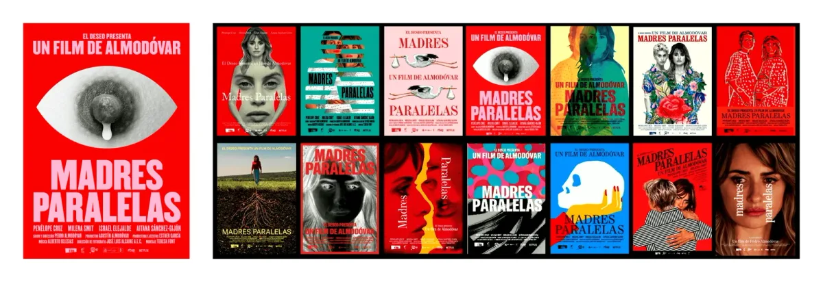 Collection of images of poster designs for the film "Madres Paralelas" featuring images of two women
