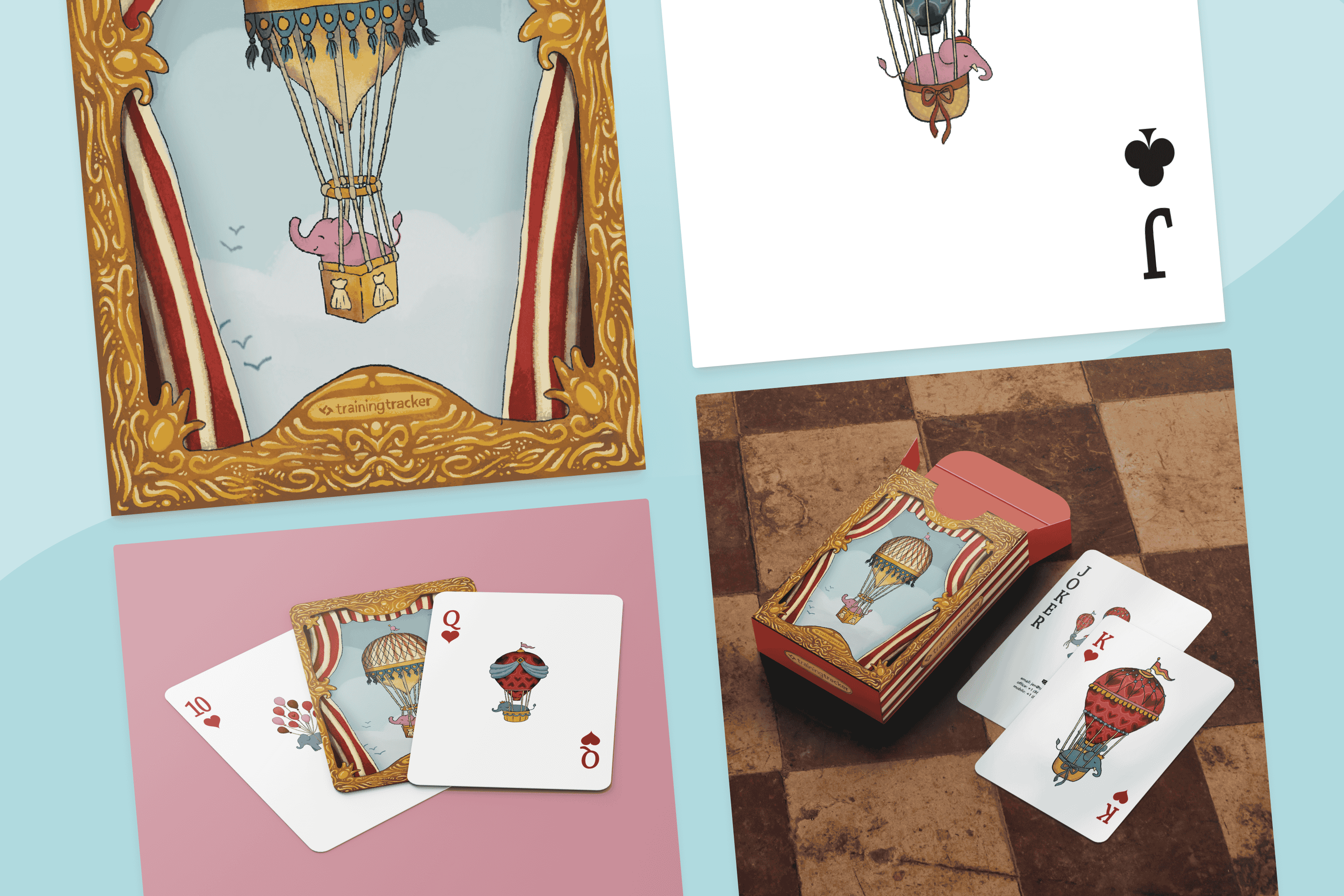 Playing card design mockups, close up on cards and card box