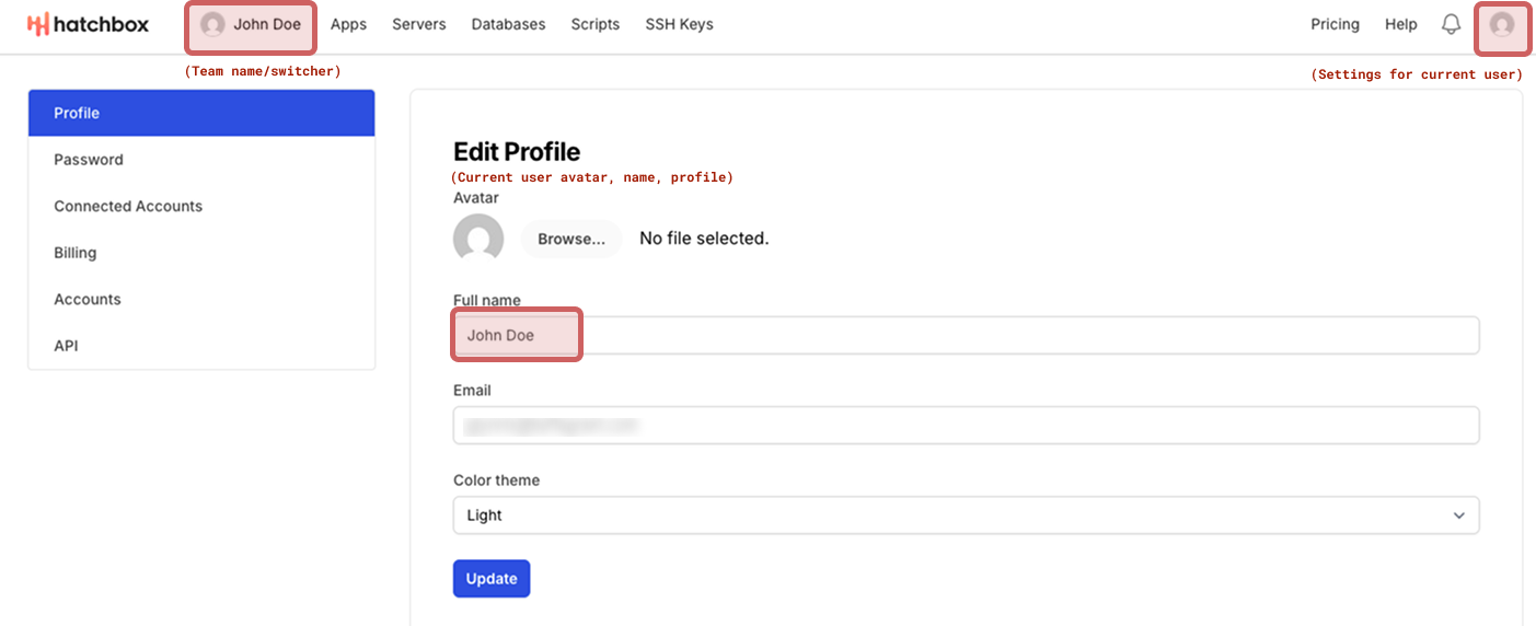 A screenshot of hatchbox's web app has pink boxes that draw attention to areas where a default user avatar and the username John Doe is used multiple times in different areas—sometimes for the current user, sometimes for the concept of a team.