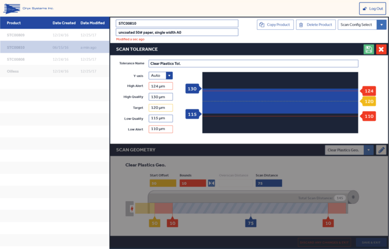 A screen shot of the Oryx application. The screen shot depicts a UI with inputs that configure specific measurment tolerances.