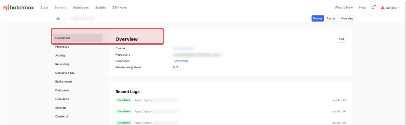 A screenshot of hatchbox's web app shows a page titled Overview, while the active item in the sidebar says Dashboard. A pink box is drawn around the active sidebar item and page title to draw attention to that portion of the screenshot.