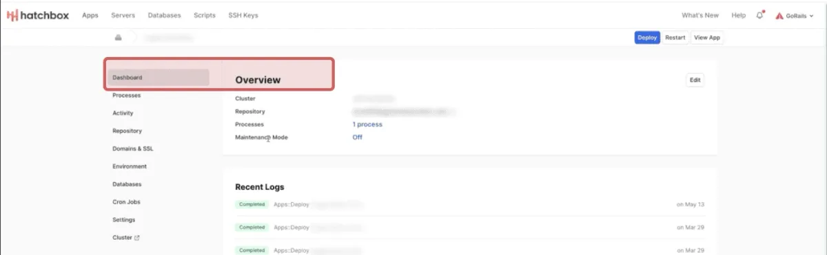 A screenshot of hatchbox's web app shows a page titled Overview, while the active item in the sidebar says Dashboard. A pink box is drawn around the active sidebar item and page title to draw attention to that portion of the screenshot.