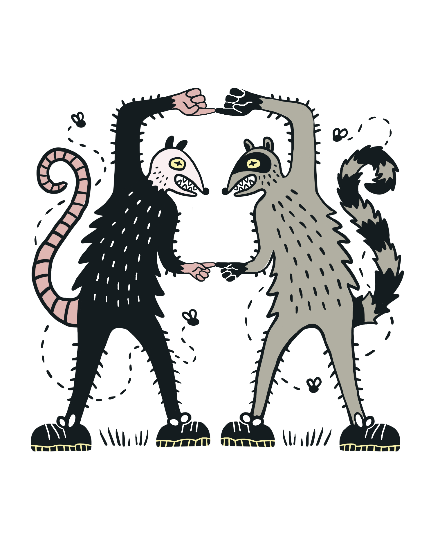 An illustration of a possom and a raccon posed next to each other