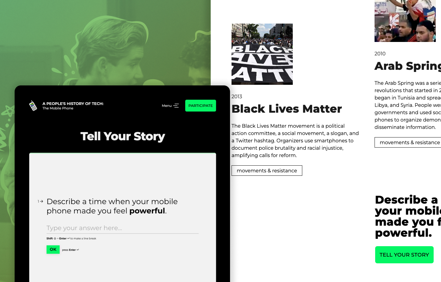 A laptop, tablet, and phone screen showing the People's History of Tech website