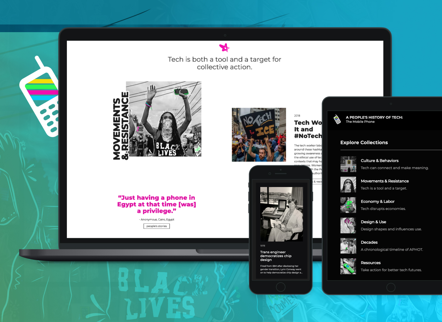 A laptop, tablet, and phone screen showing the People's History of Tech website