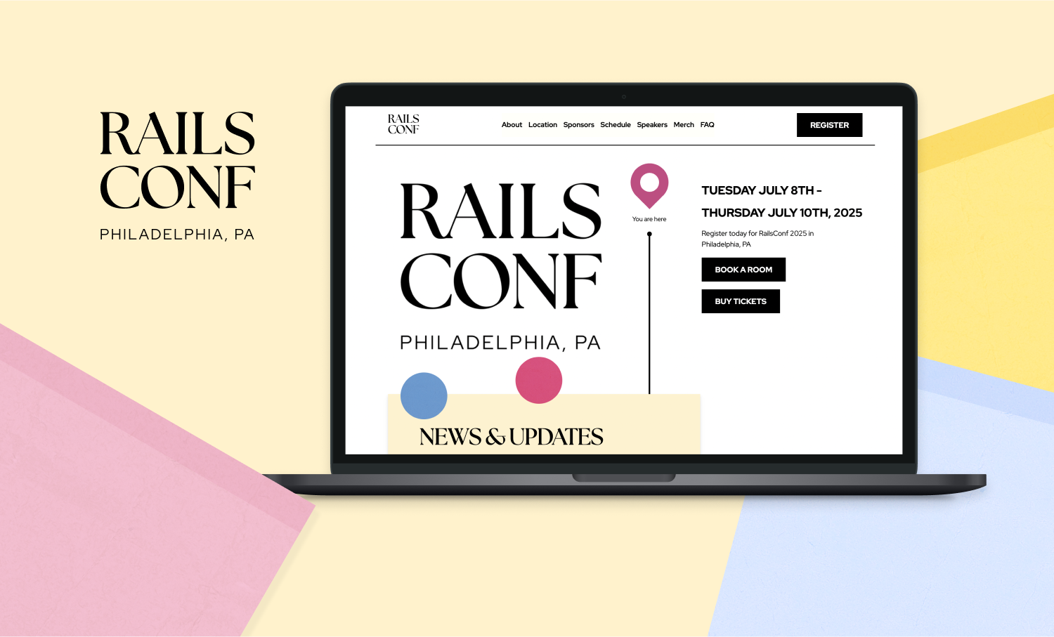 The RailsConf 2025 logo with mockups of the RailsConf 2025 homepage website on a laptop and phone laid out on top of each other to the right of it.