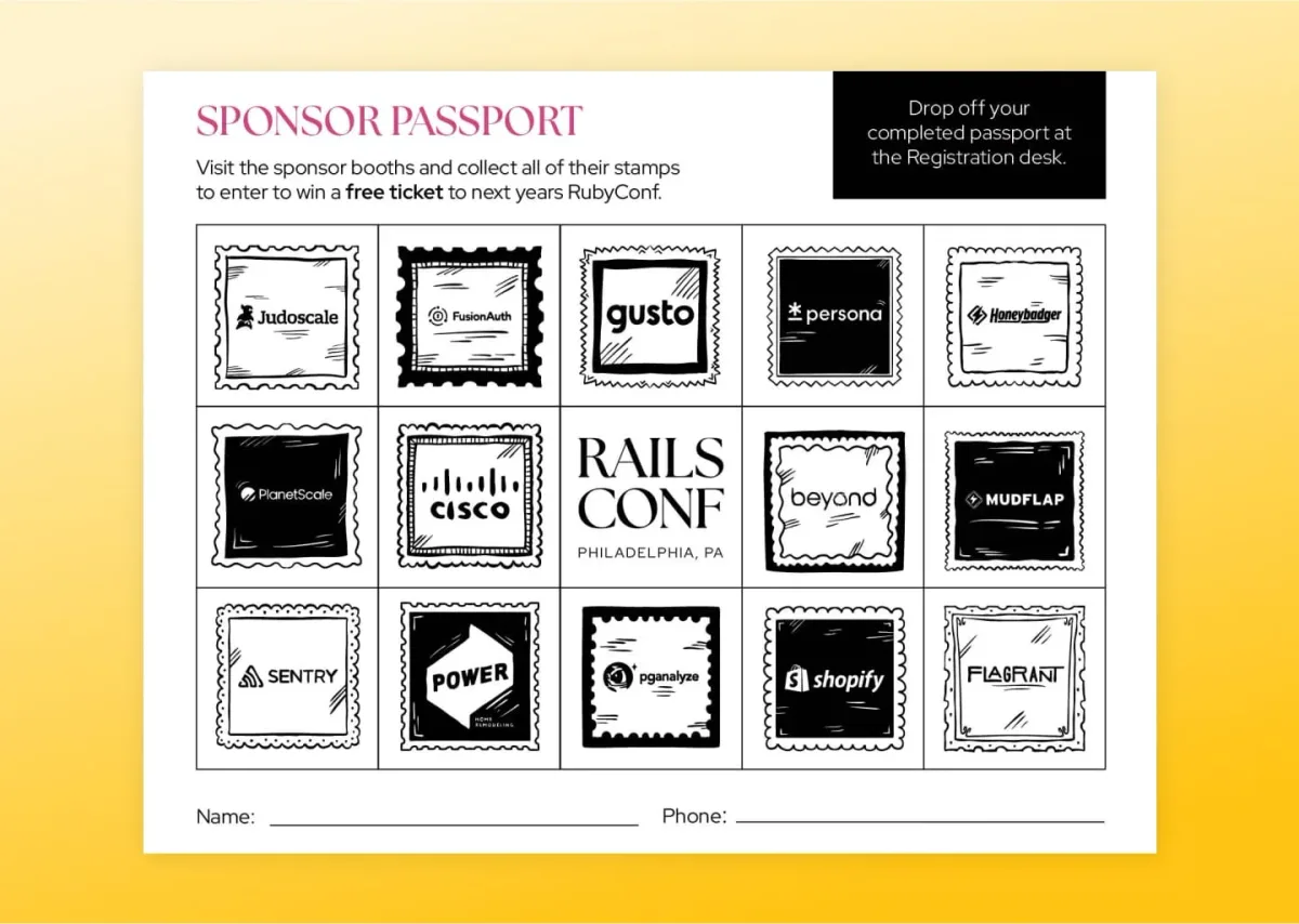 A passport of hand-drawn postage stamps of various sponsor booths at RailsConfs that attendees could gather to win a free ticket to next year’s RubyConf.