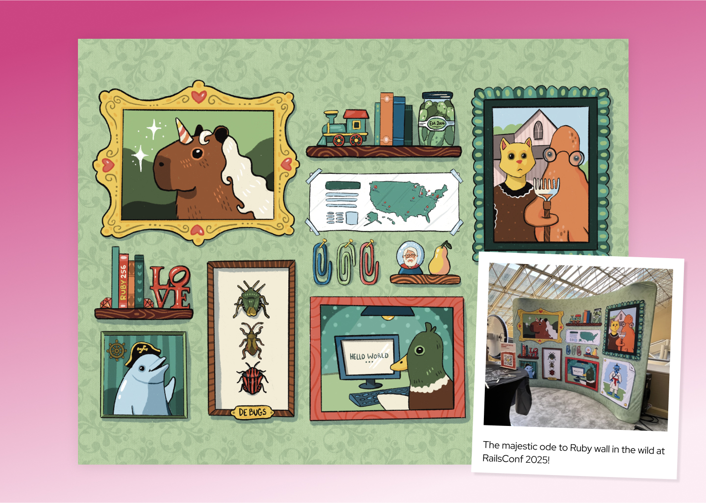 Wall of Ruby-related illustrations that made for a photobooth backdrop at RailsConf 2025. There is also a real life photo of the booth at the conference overlaid on top in a Polaroid border.
