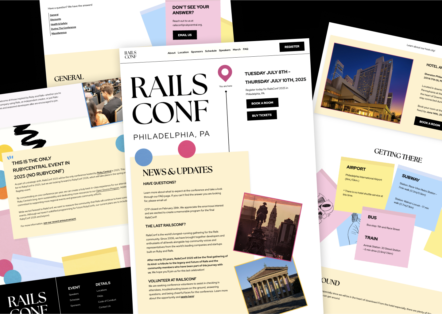 Collage of RailsConf 2025 webpages showcasing the location, speakers, and about details for the conference.
