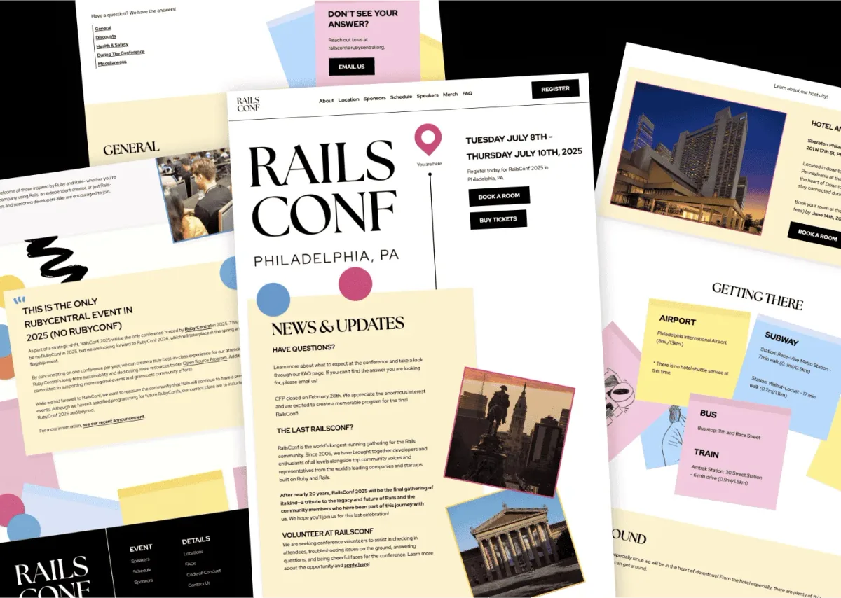 Collage of RailsConf 2025 webpages showcasing the location, speakers, and about details for the conference.