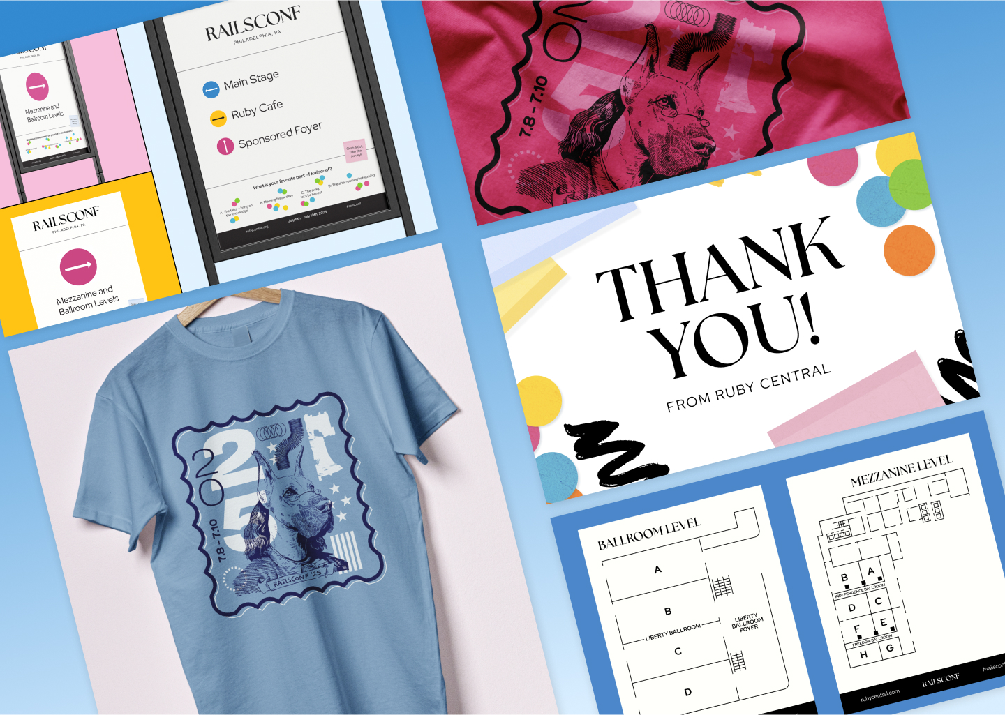 An array of conference branding and merch, including wayfinding, t-shirts, and a thank you card.