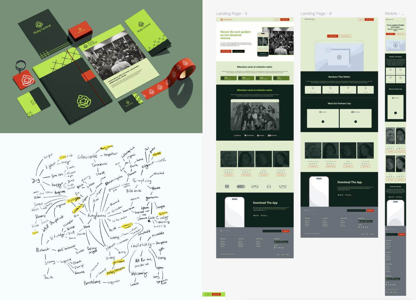 Showing the logo and brand on various assets, including booklets, pamphlets and website pages.