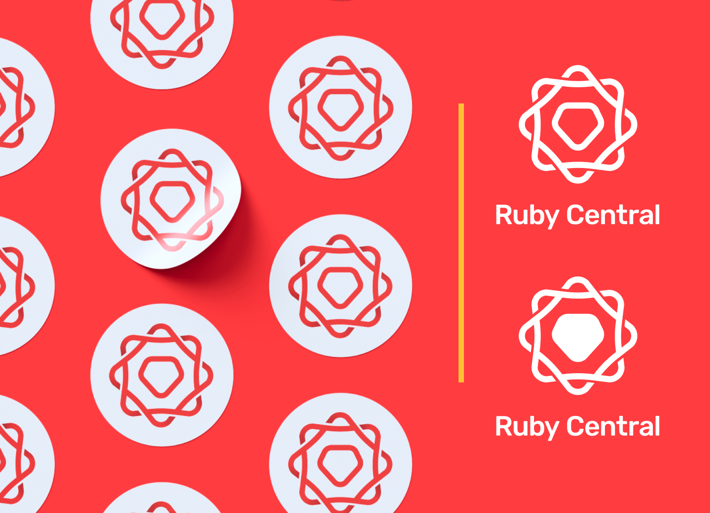 Mock-up of new logo on stickers on a red background