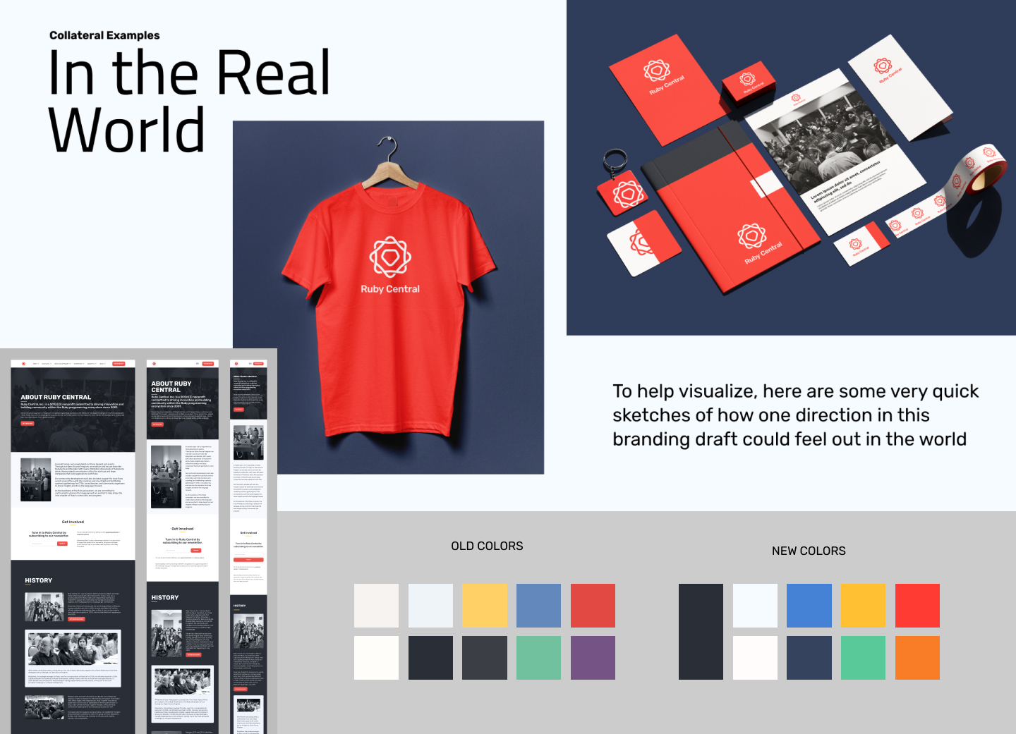 Showing the logo and brand on various assets, including booklets, pamphlets, t-shirts, and website pages.