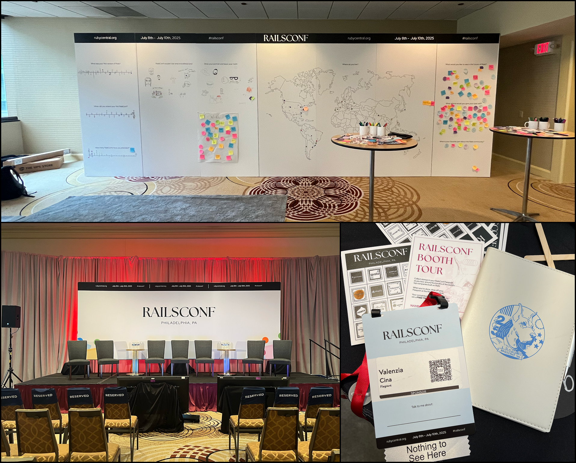 A collection of pictures from the conference. An interactive wall, the main stage backdrop with a panel set up, a picture of some swag items
