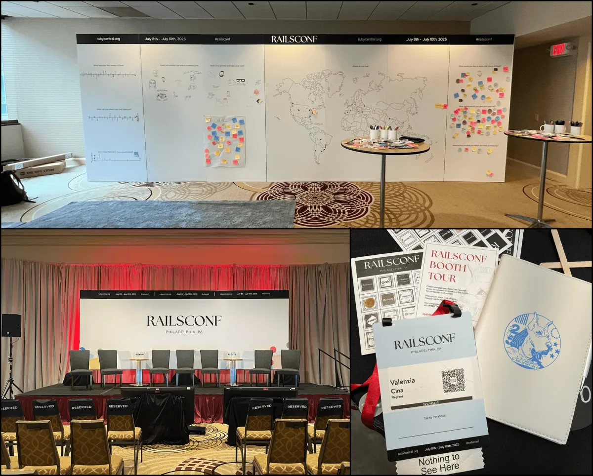 A collection of pictures from the conference. An interactive wall, the main stage backdrop with a panel set up, a picture of some swag items