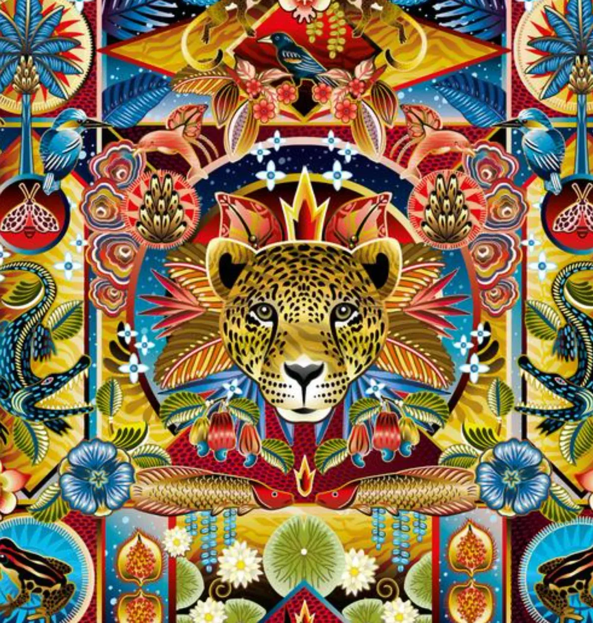 A symmetrical design of flowers, birds, alligators, insects and assorted plants surrounding a leopard. 