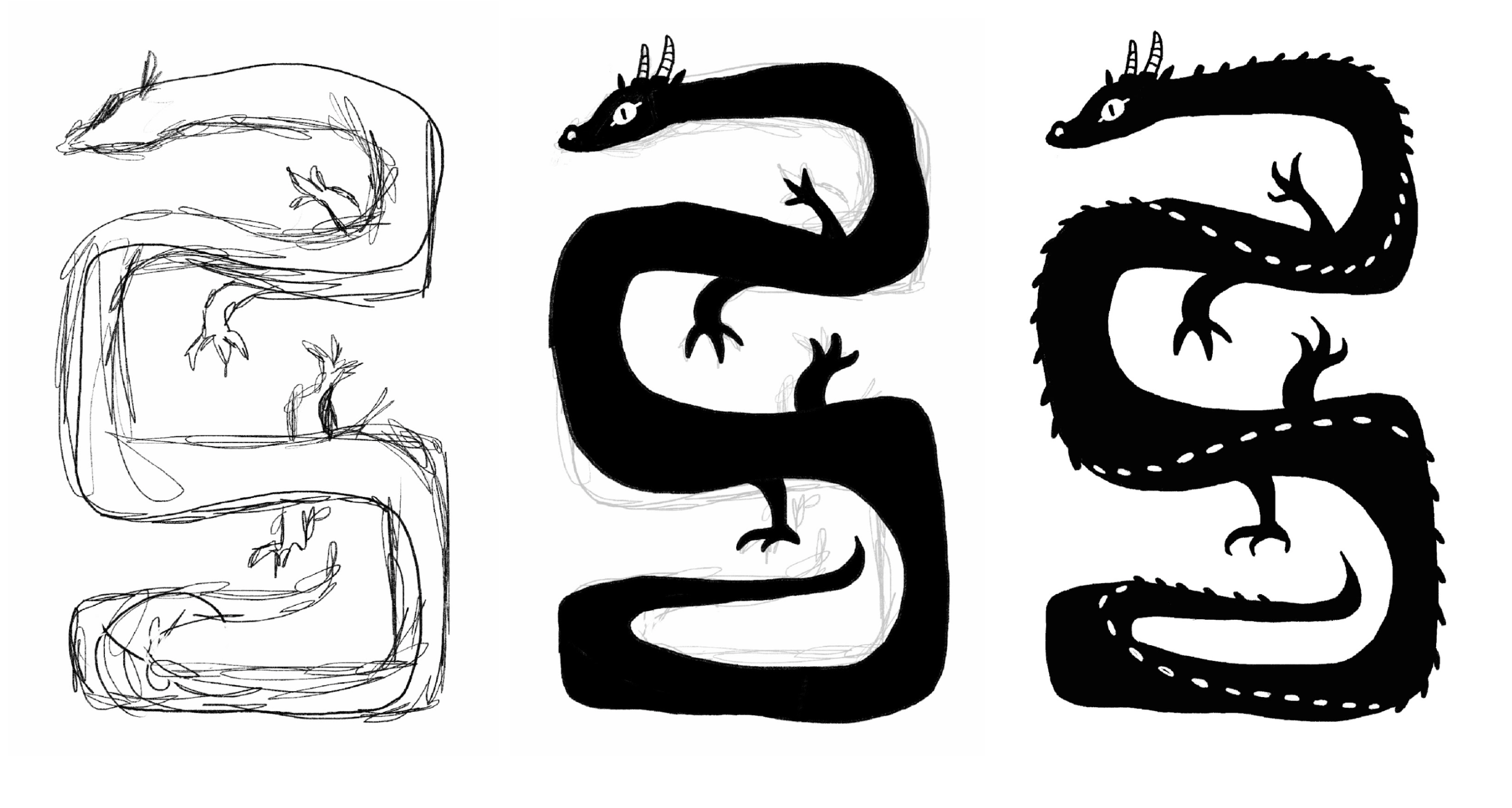 3 sketches of dragons in black and white.
