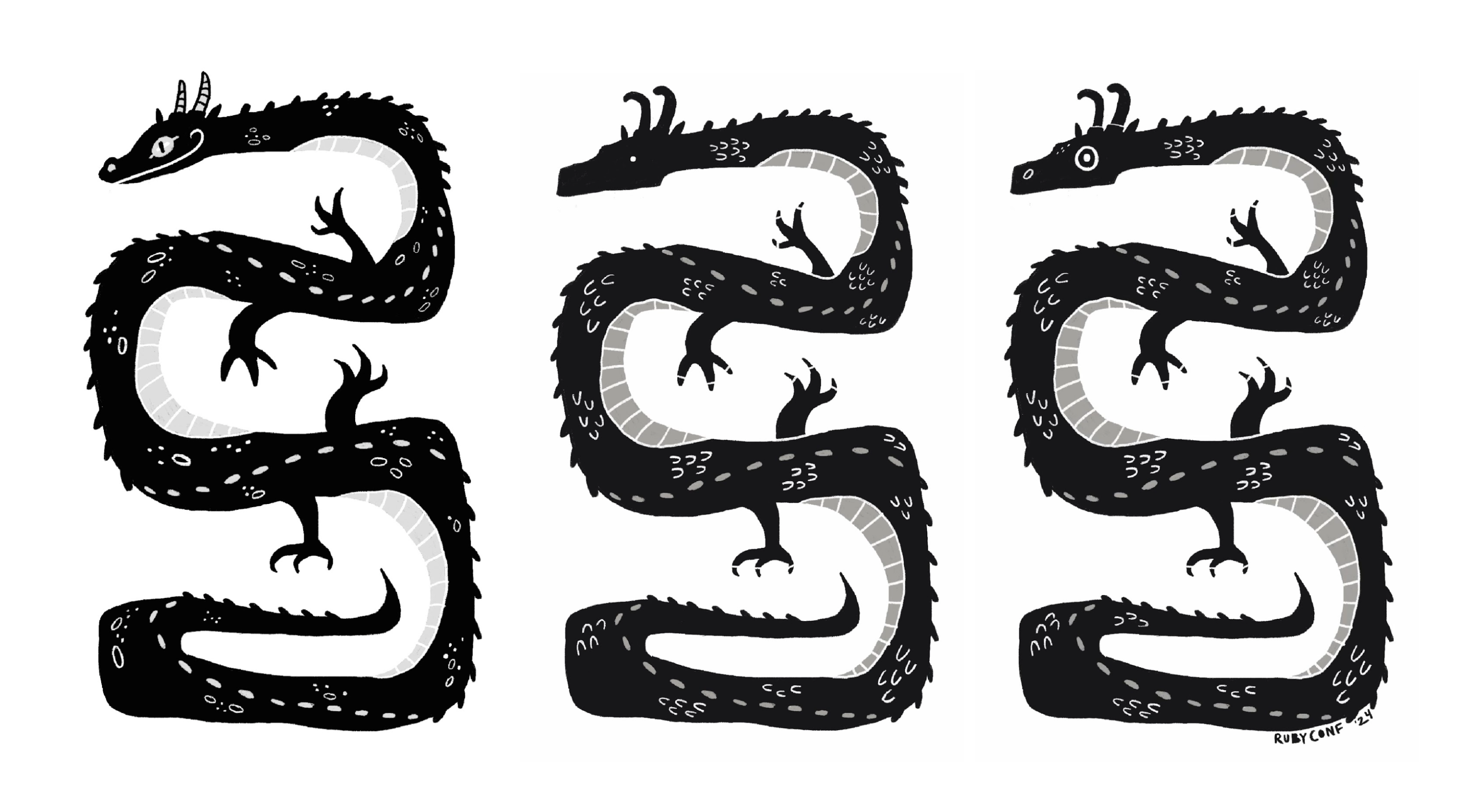 3 sketches of dragons with various eye, mouth and horn shapes. 