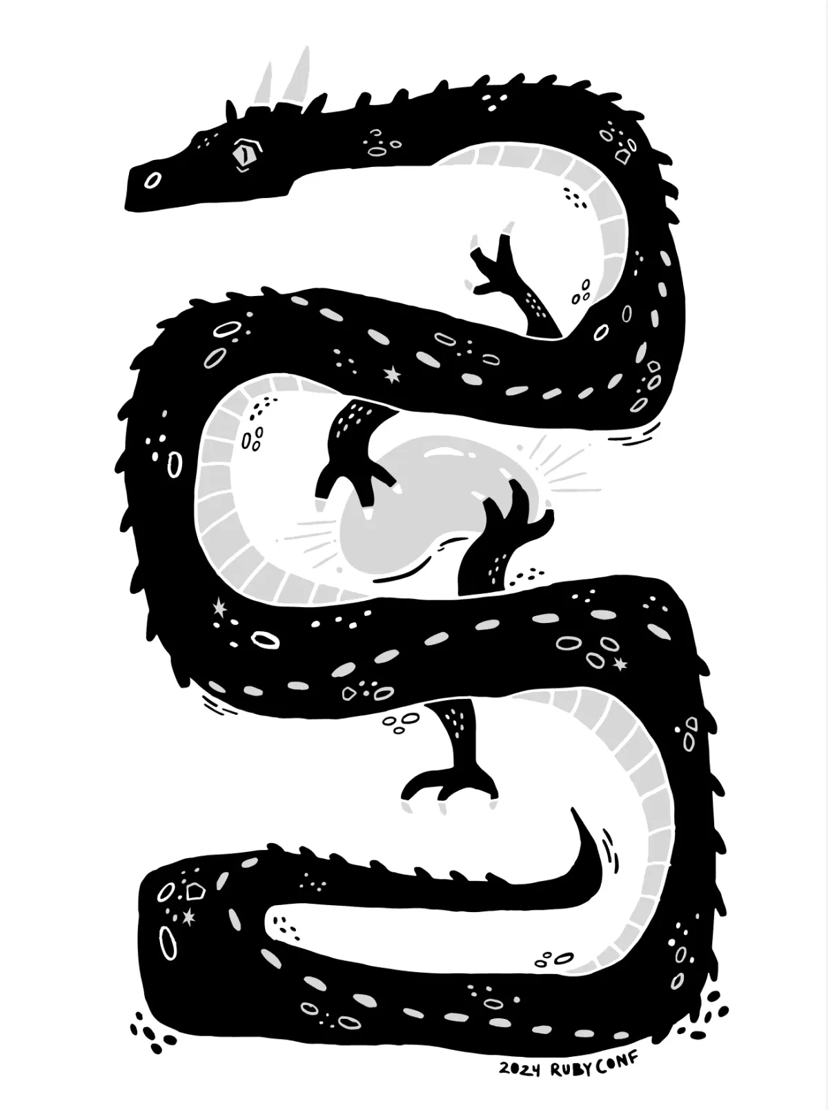Final black and white dragon design. Black and white illustration of a dragon holding a glowing bean.