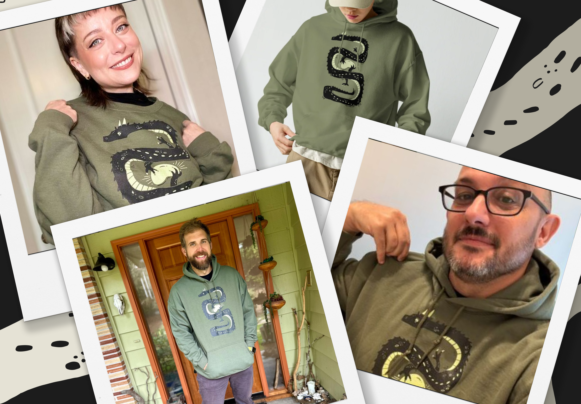 Polaroid style pictures of people wearing sweaters with dragon designs.