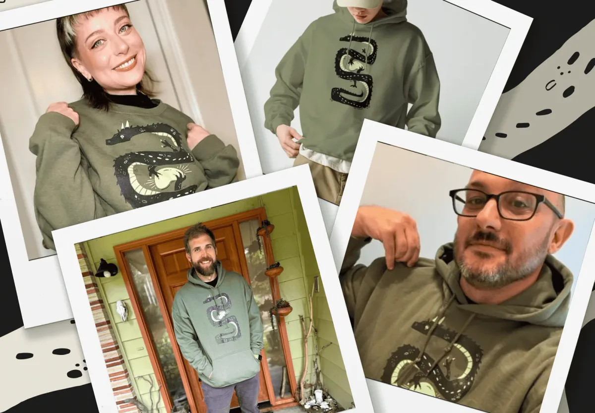 A few pictures of people with their RubyConf swag on! Polaroid style pictures of people wearing sweaters with dragon designs.
