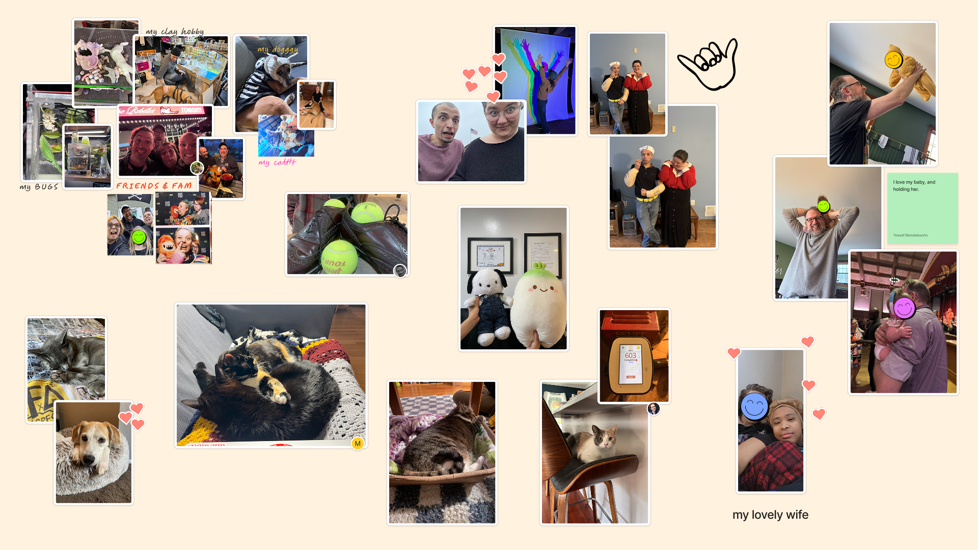 Pictures of things that make people happy, including: pet, babies, partners and plushies