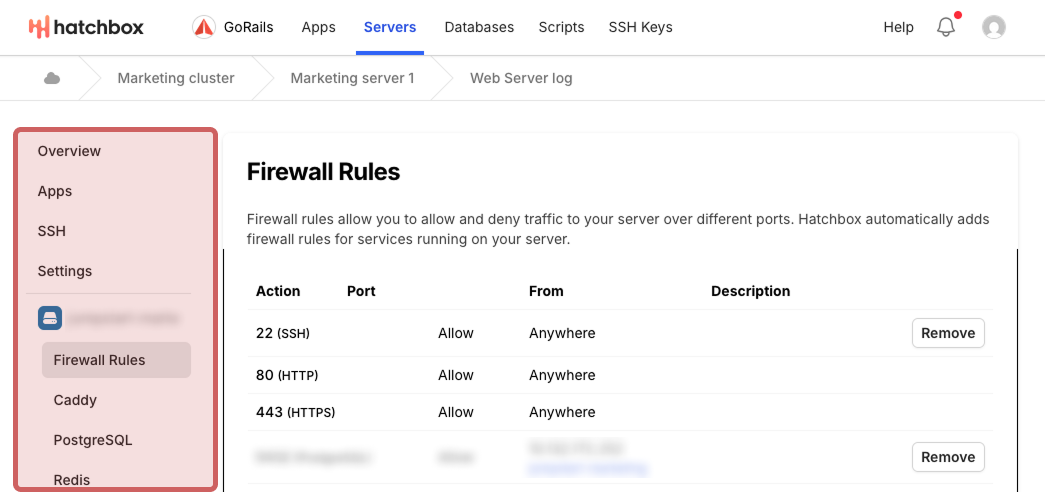 A screenshot of hatchbox's web app that shows Servers selected in the main navigation. On the page titled Firewall Rules, there is a left sidebar outlined in a pink box that shows several links in a subnavigation like SSH, Settings, Firewall Rules, etc.