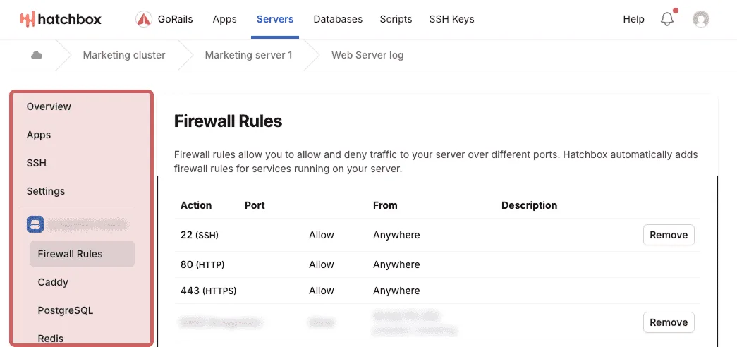 A screenshot of hatchbox's web app that shows Servers selected in the main navigation. On the page titled Firewall Rules, there is a left sidebar outlined in a pink box that shows several links in a subnavigation like SSH, Settings, Firewall Rules, etc.