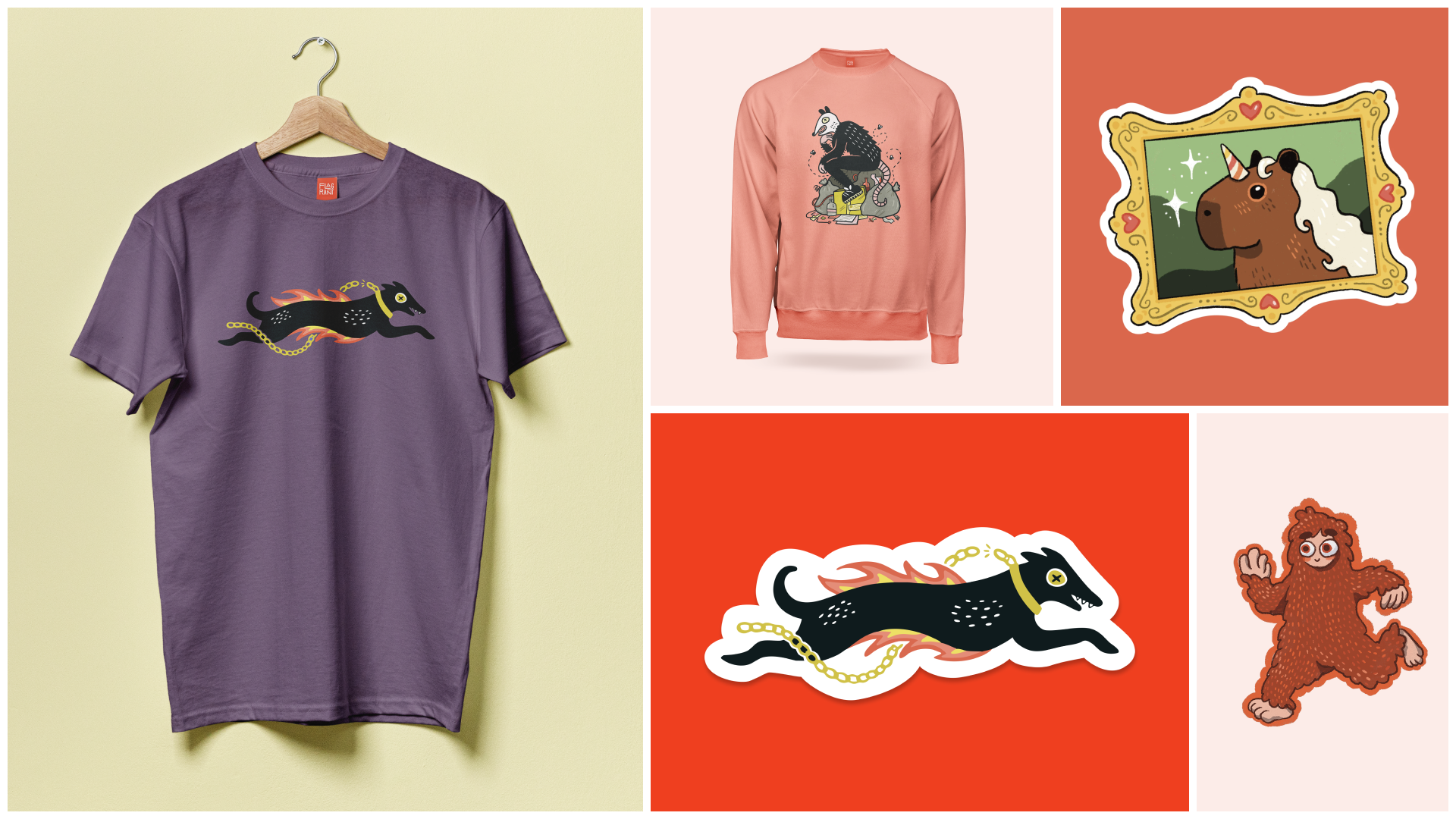 Mockups of t-shirts, sweaters, and stickers