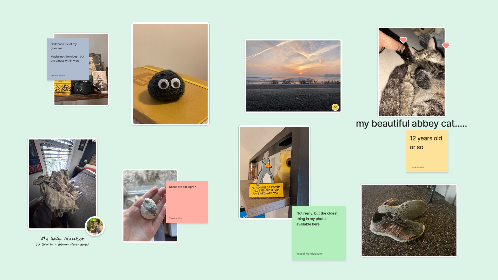 An assortment of old items including a blanket, a rock and a pair of shoes