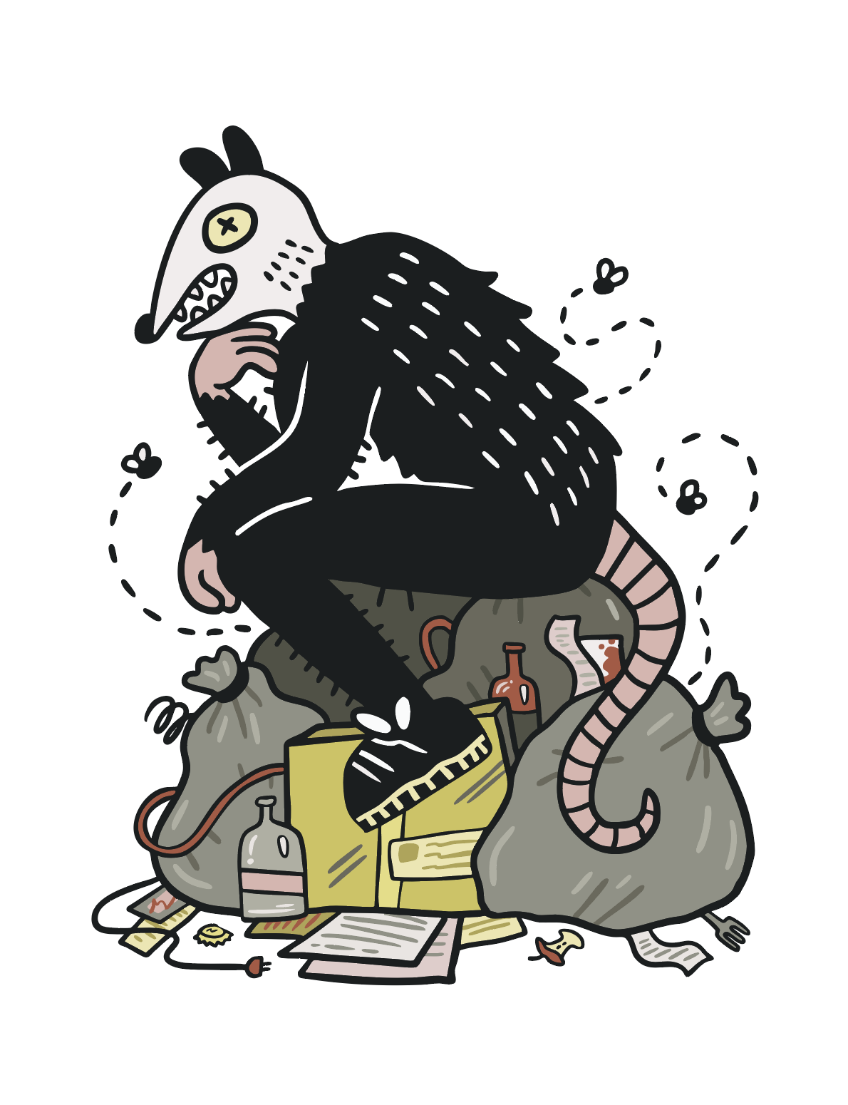 Illustrated possom on a pile of trash