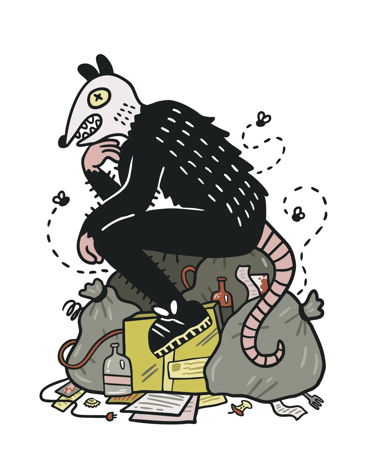 Illustrated possom on a pile of trash