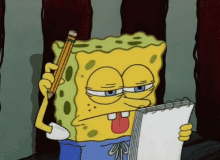 Spongebob Squarepants squints at a blank notepad he is holding while sticking his tongue out and taping the side of his head with a pencil.