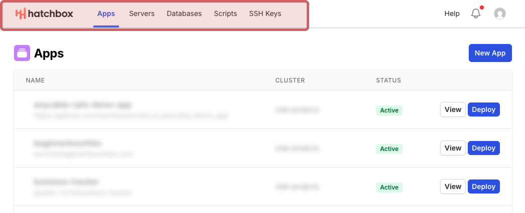 A screenshot of hatchbox's web app, which has a pink outlined box around the logo in the top left and the 5 main navigation links.